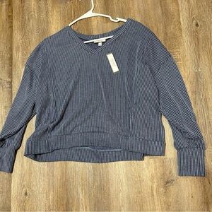 Discreet Blue and White Striped V-Neck Blouse